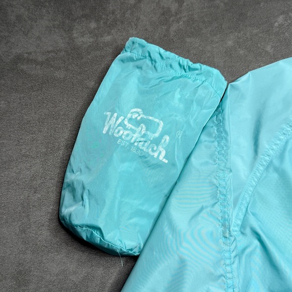 Vtg 80s Woolrich Woman Windbreaker Jacket M Surf Green Packable Lightweight Hood - Picture 7 of 8